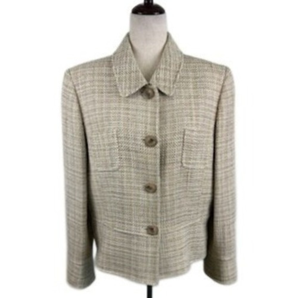 Tahari Arthur S. Levine Tweed Blazer‎ Beige Brown Button Front Jacket Size 16